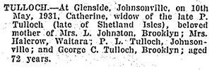 Death notice of Catherine Tulloch aged 72, died at Glenside, 10 May 1931
